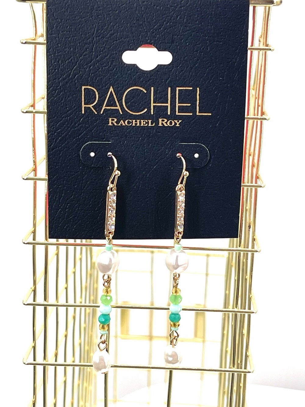 Rachel Rachel Roy nwt gold toned beaded green pearl dangle earrings